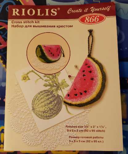 Watermelon pin cushion cross-stitch packaging.