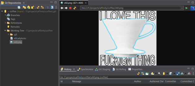 Minimal EGit UI showing the Coffee repository. The V60 PNG is displayed in a tab.