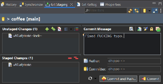 Minimal EGit UI showing the Git Staging window.