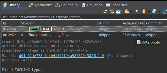 Minimal EGit UI showing the History tab. The second commit is displayed.