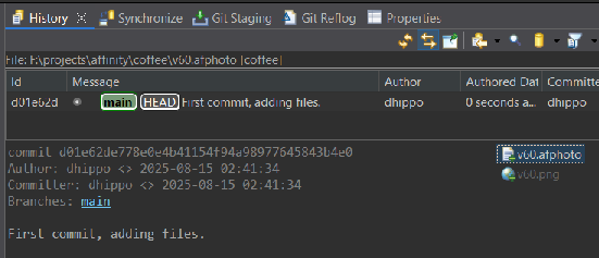 Minimal EGit UI showing the History tab with the first commit.