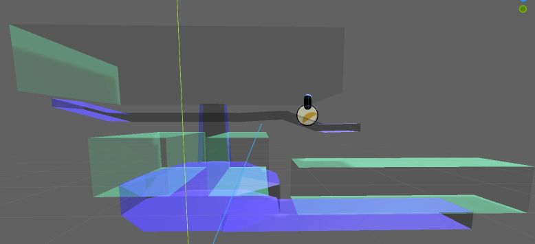 View of Godot scene with the invisible scene elements displayed. Blue geometry is collision, green geometry is the trigger brushes to switch cameras and background images.