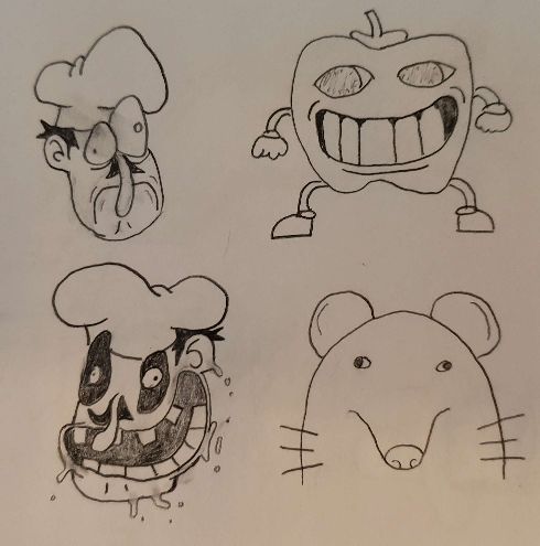 Doodle of Peppino, Pepperman, Fake Peppino, and Brick from Pizza Tower.