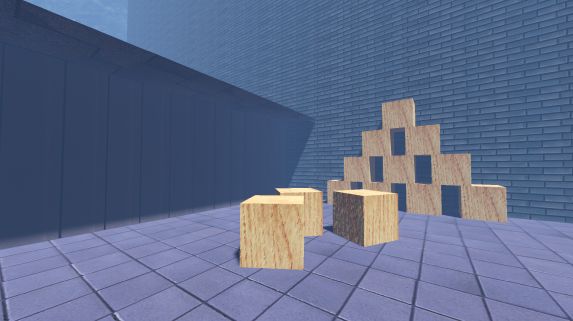 Screenshot of GodotVMF map with a roof and several wooden cubes stacked up against a wall.